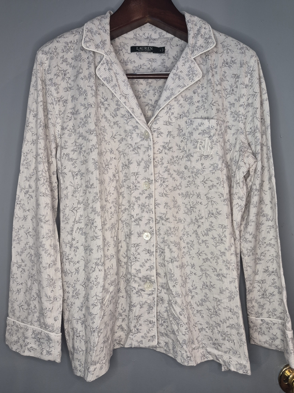 Lauren Ralph Lauren Grey Floral Button-Up Cotton Pajama Top & Pant Set